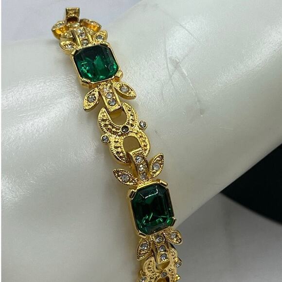 Vintage Joan Rivers Signed Faux Emerald & Clear CZ Gold Tone Tennis Bracelet - Picture 11 of 12